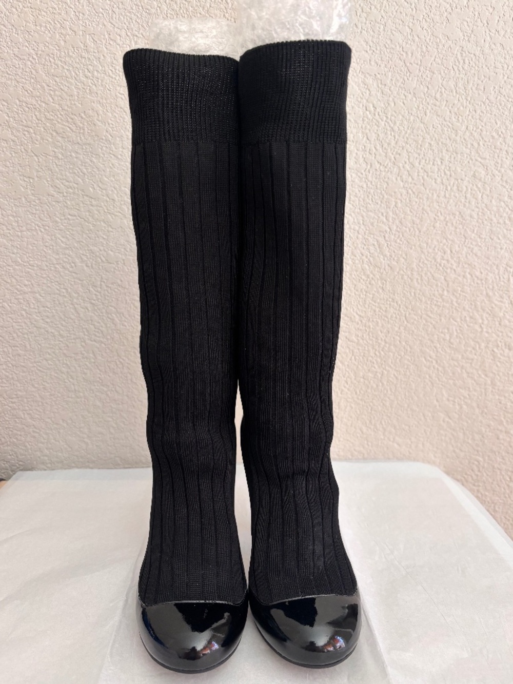 CHANEL Black Knit Sock Boots Heels Size 36.5